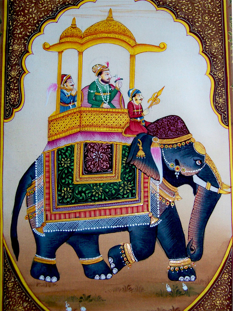 in art fine decoupage MOGHUL MINIATURE ON SCENE PROCESSION KING ELEPHANT